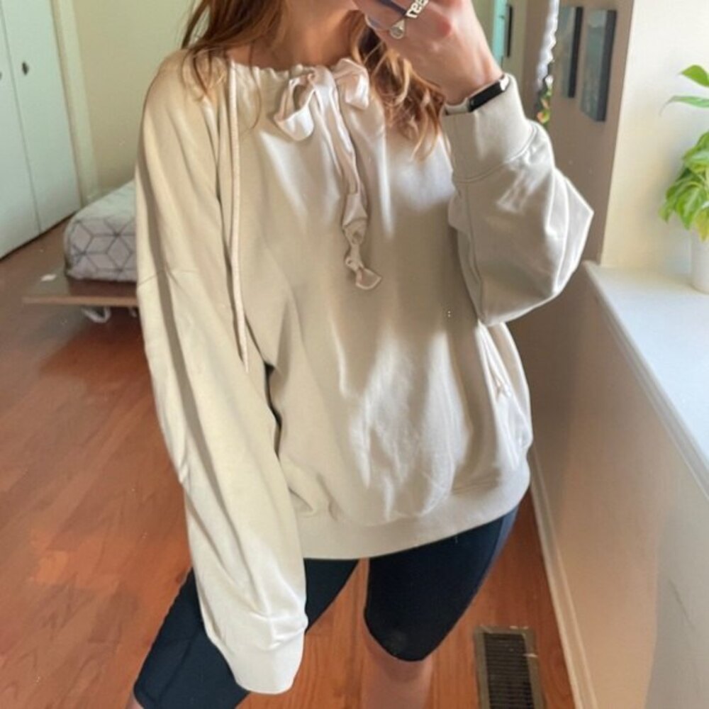 Dorothee Schumacher Gathered Tie Neck Oversized Pullover Hoodie Cream